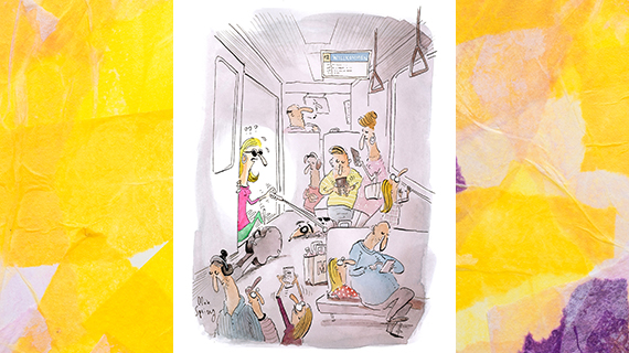 TWS 2026_Comic, wie eine blinde Frau in einen vollen Bus einsteigt